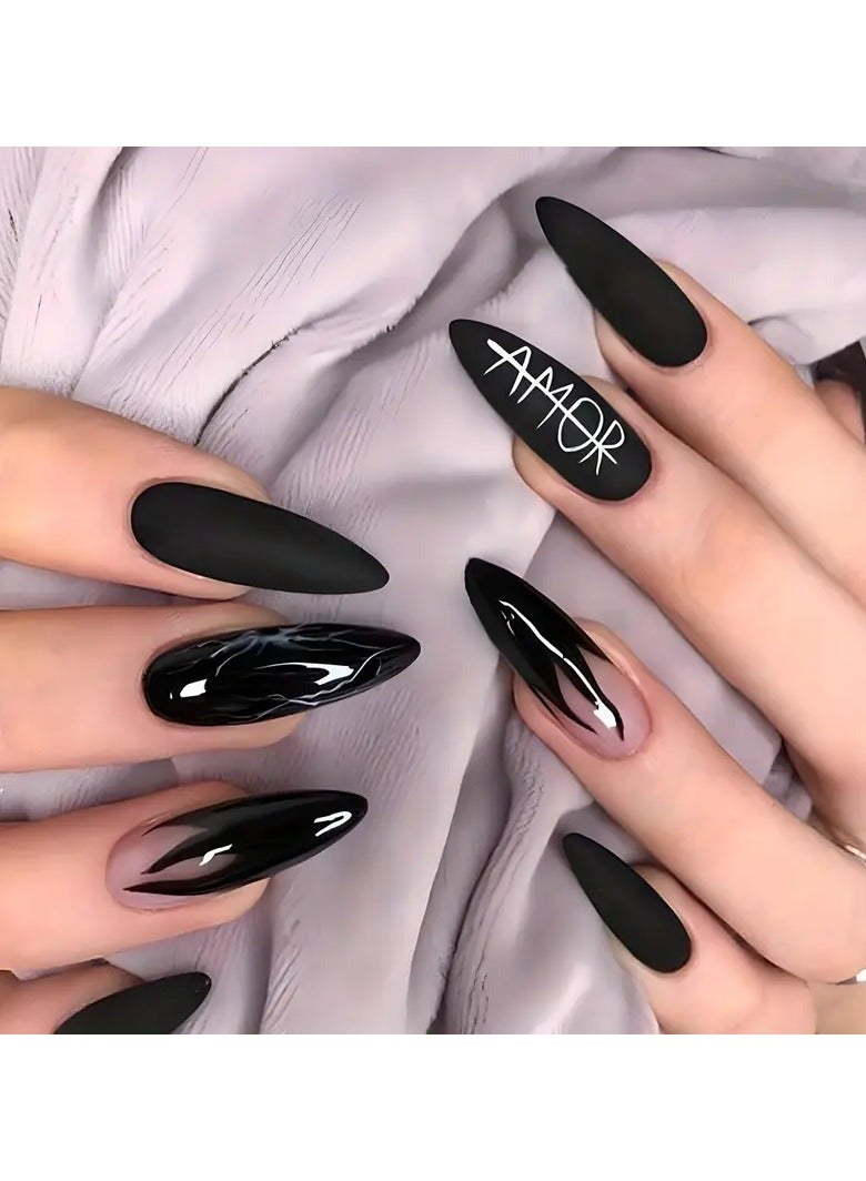 Rozino Y2K Press On Nails Black And Pink Fake Nails, Long Almond Full Cover False Nails For Women And Girls, Halloween Nails - Image 5