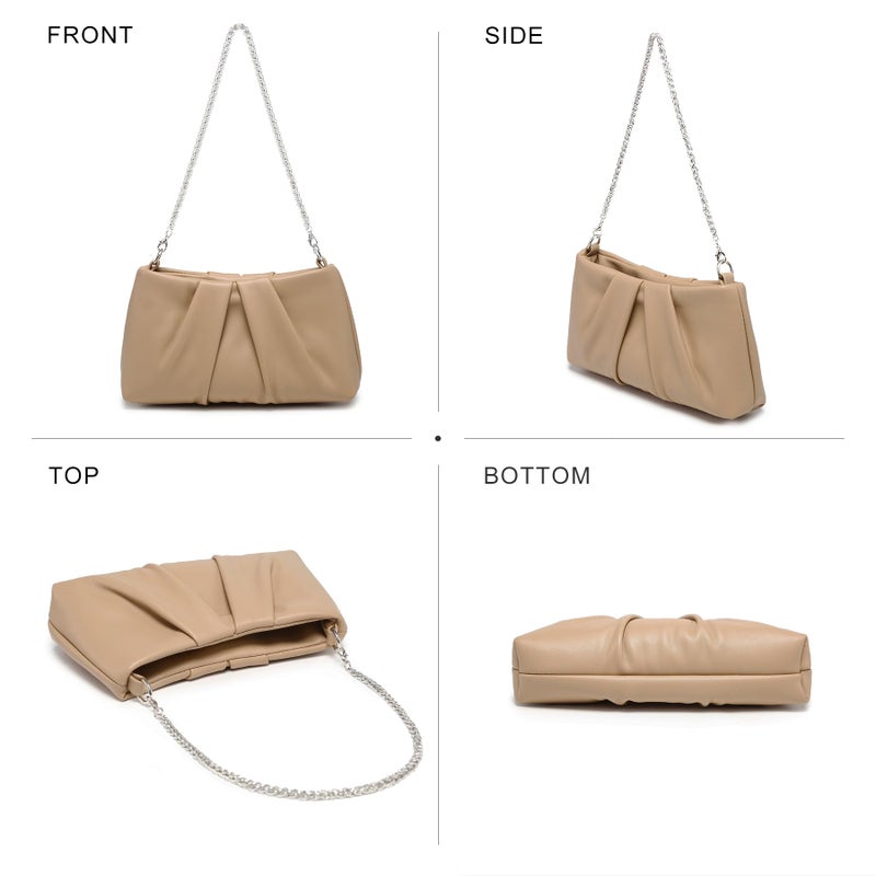 Dasein Elegant Pleated Evening Bag Soft Vegan Leather Clutch Purse Dressy Formal Handbag with 2 Chain Straps for Women (Taupe) - Image 3