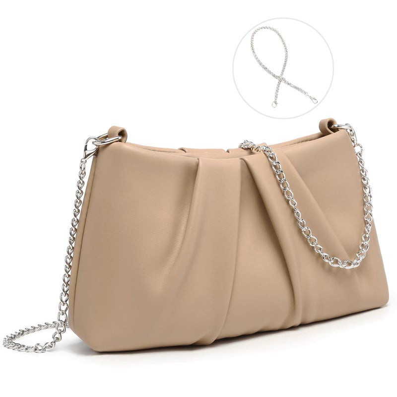 Dasein Elegant Pleated Evening Bag Soft Vegan Leather Clutch Purse Dressy Formal Handbag with 2 Chain Straps for Women (Taupe) - Image 1