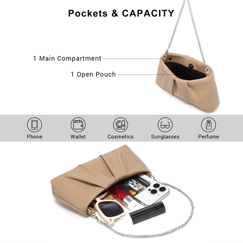 Dasein Elegant Pleated Evening Bag Soft Vegan Leather Clutch Purse Dressy Formal Handbag with 2 Chain Straps for Women (Taupe) - Image 5