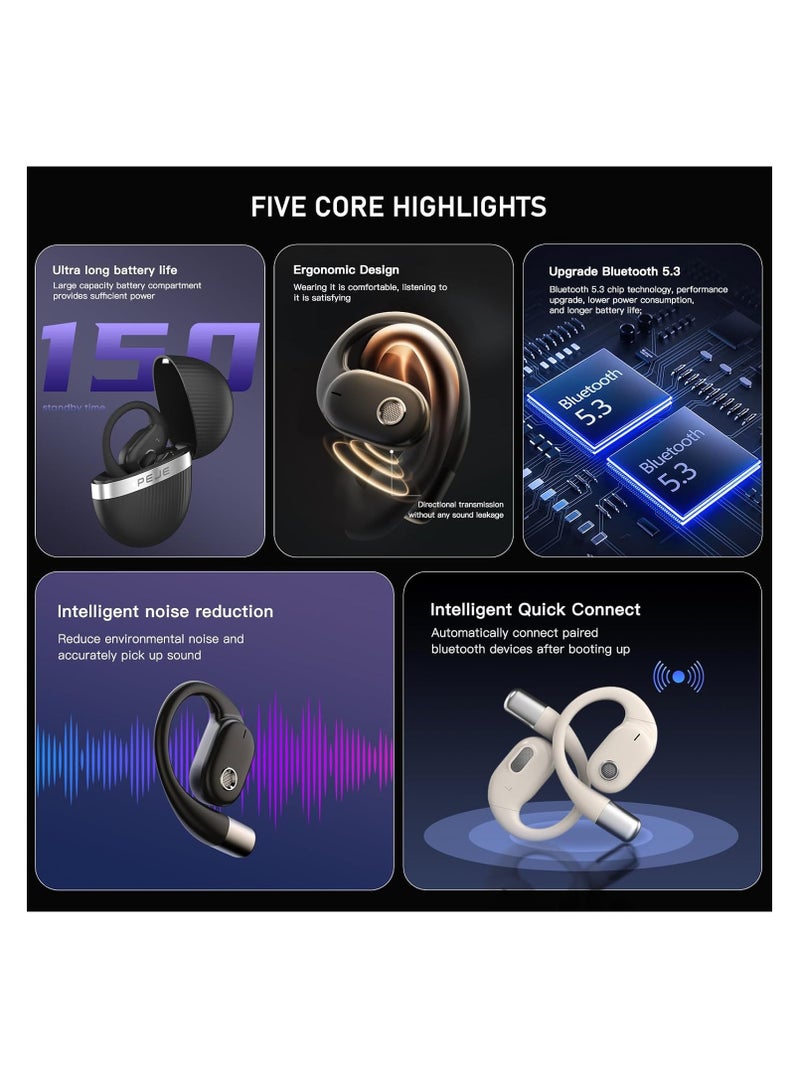 PEJE PEJE L09 Bluetooth Earphones, Wireless Earbuds,Air Conduction Bluetooth 5.3 Headphone Sport,2025 Bluetooth Earbuds Stereo Deep Bass Over Ear Bud, 24 Hours Beige - Image 5