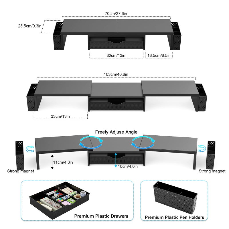 Spacrea Metal Desk Organizers and Accessories, Dual Monitor Stand Riser with Drawer and 2 Pen Holders, Desk Accessories & Workspace Desktop Organizers for Office Supplies (Black) - Image 5