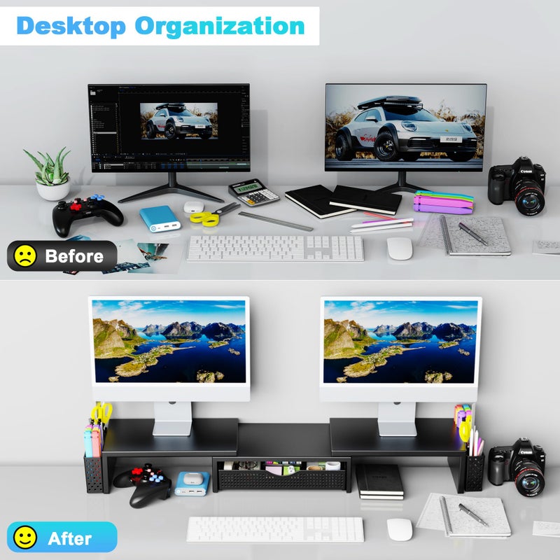 Spacrea Metal Desk Organizers and Accessories, Dual Monitor Stand Riser with Drawer and 2 Pen Holders, Desk Accessories & Workspace Desktop Organizers for Office Supplies (Black) - Image 3