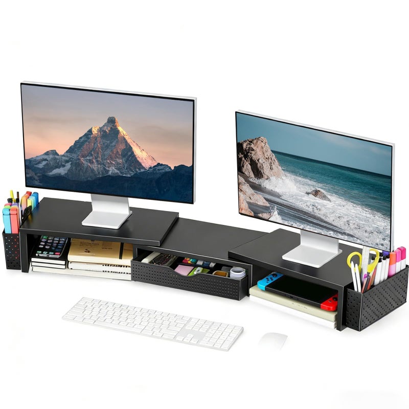 Spacrea Metal Desk Organizers and Accessories, Dual Monitor Stand Riser with Drawer and 2 Pen Holders, Desk Accessories & Workspace Desktop Organizers for Office Supplies (Black) - Image 1