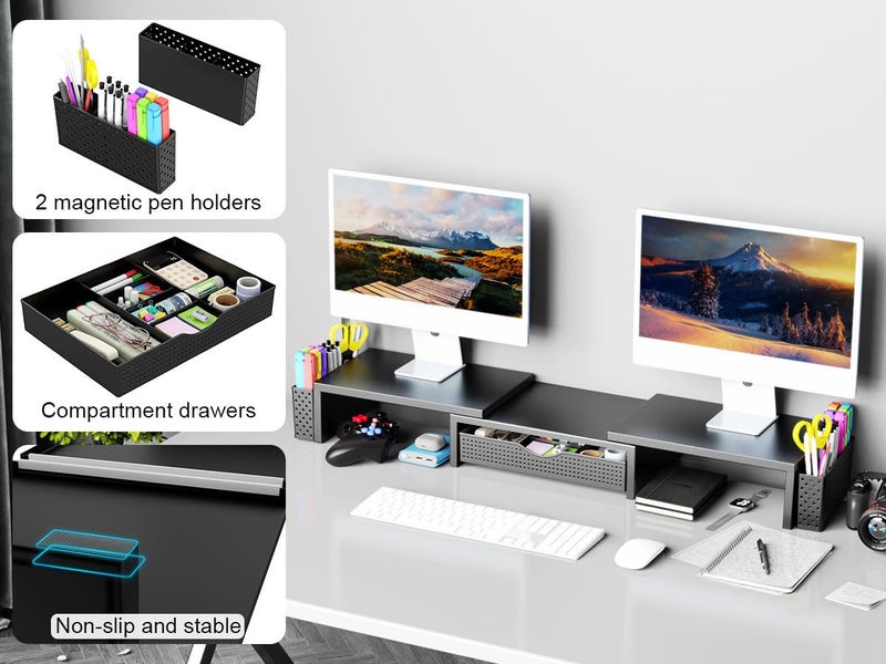 Spacrea Metal Desk Organizers and Accessories, Dual Monitor Stand Riser with Drawer and 2 Pen Holders, Desk Accessories & Workspace Desktop Organizers for Office Supplies (Black) - Image 4