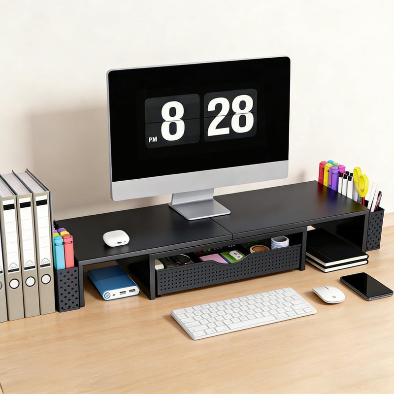 Spacrea Metal Desk Organizers and Accessories, Dual Monitor Stand Riser with Drawer and 2 Pen Holders, Desk Accessories & Workspace Desktop Organizers for Office Supplies (Black) - Image 2