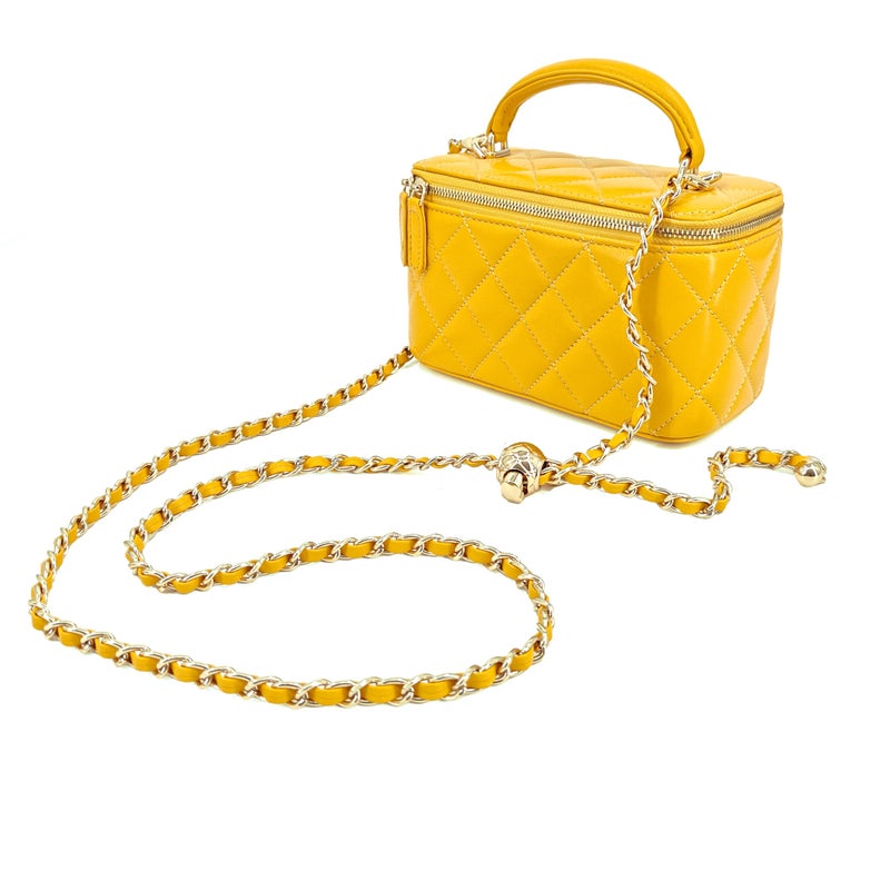 M-ioi-M Genuine Leather Quilted Mini Purse for Women,Soft Lambskin Crossbody Bag with Gold Chain Strap,Small Top-Handle Shoulder Handbag,Designer Evening Vanity Pouch(Mustard Yellow, Detachable Strap) - Image 3