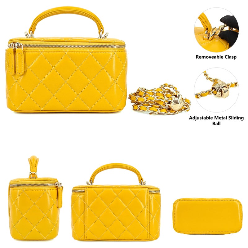 M-ioi-M Genuine Leather Quilted Mini Purse for Women,Soft Lambskin Crossbody Bag with Gold Chain Strap,Small Top-Handle Shoulder Handbag,Designer Evening Vanity Pouch(Mustard Yellow, Detachable Strap) - Image 2