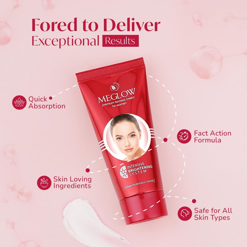 Meglow by Leeford Skin Brightening Moisturizer Cream for Women Hydrates Repairs Radiates Reduces Dark Spots Melanin Melasma Prevents Pigmentation Even Tone Pack of 3 50g each - Image 5