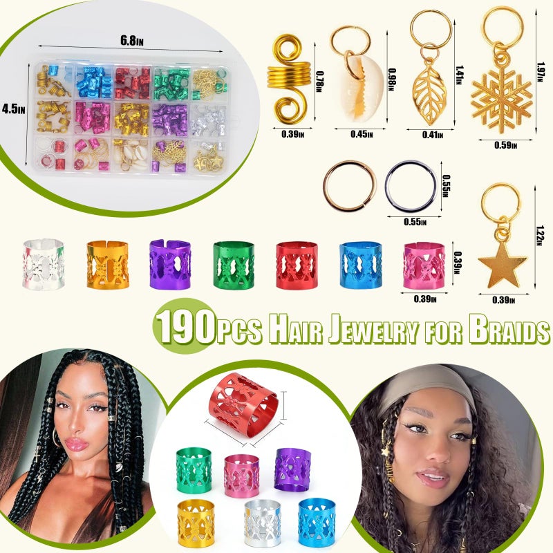 SVNMU 190pcs Colorful Hair Jewelry for Women Braids Dreadlock Locs,Multicolor Metal Hair Charms Accessories Adjustable Hair Cuffs Coils Clips Rings Beads Braiding Decoration - Image 2