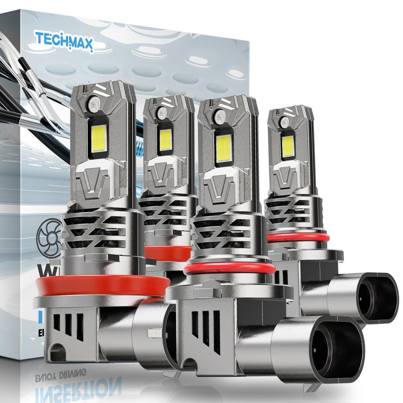TECHMAX H11H9H8 9005HB3 Bulbs Combo 800 Brighter 6500K Xenon White with Cooling Fan 11 Size Front Light BulbFog Light Bulb Pack of 4