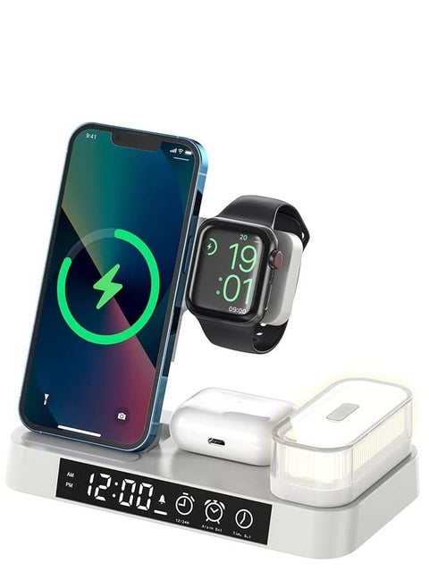 Wireless Charging Station with Alarm Clock LED Night Light 4 in 1 Fast Wireless Charger for iPhone 14/13/12/11/Pro/Max/XS/XR Wireless Charging Stand Dock for Apple Watch (White)