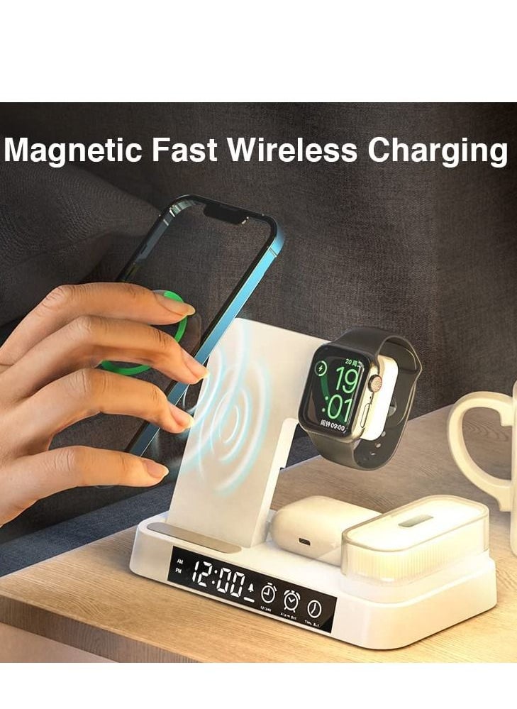 Generic - Wireless Charging Station with Alarm Clock LED Night Light 4 in 1 Fast Wireless Charger for iPhone 14/13/12/11/Pro/Max/XS/XR Wireless Charging Stand Dock for Apple Watch (White) - Image 1