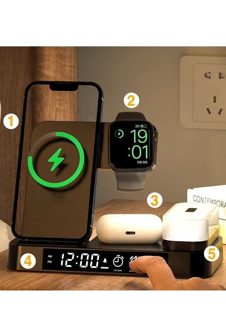 Generic - Wireless Charging Station with Alarm Clock LED Night Light 4 in 1 Fast Wireless Charger for iPhone 14/13/12/11/Pro/Max/XS/XR Wireless Charging Stand Dock for Apple Watch (White) - Image 1