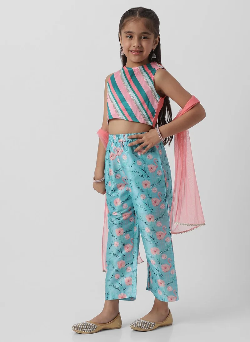 Nautinati Nautinati Girls’ Striped Sleeveless Top and Printed Straight Pants with Net Dupatta