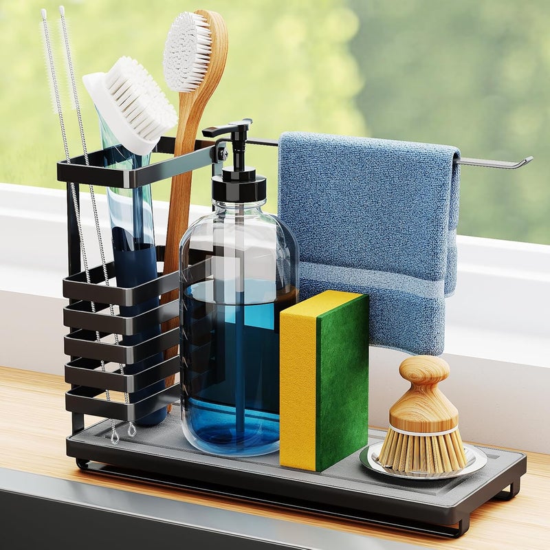 NiHome Multifunctional Kitchen and Bathroom Sink Caddy Organizer with Elevated Brush Holder, Quick-Drying Diatomaceous Earth Base Space-Saving Storage for Detergent Bottles, Sponges, Small Accessories - Image 1
