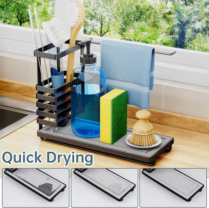 NiHome Multifunctional Kitchen and Bathroom Sink Caddy Organizer with Elevated Brush Holder, Quick-Drying Diatomaceous Earth Base Space-Saving Storage for Detergent Bottles, Sponges, Small Accessories - Image 2