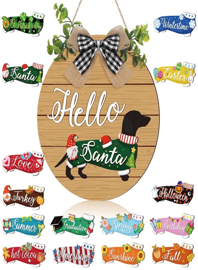 جلينمال مجموعة ديكور باب جلينمال مكونة من 16 قطعة على شكل كلب داشهوند، مناسبة لجميع المواسم والأعياد، لافتة ترحيبية لطيفة على شكل كلب داشهوند لعيد الميلاد، لافتات خشبية ريفية لباب المنزل الأمامي الخارجي (بني). - Image 1