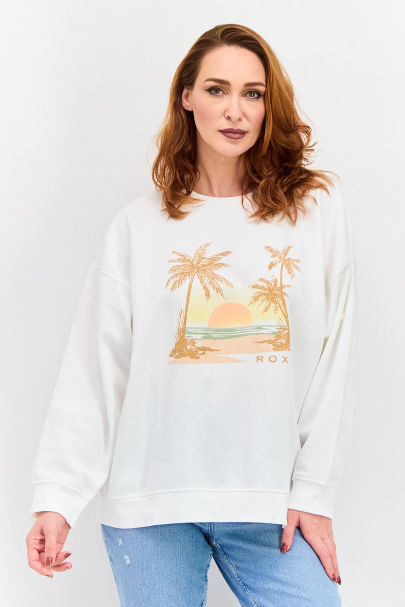 Roxy سويت شيرت جرافيك بكم طويل للنساء، أبيض فاتح - Image 1
