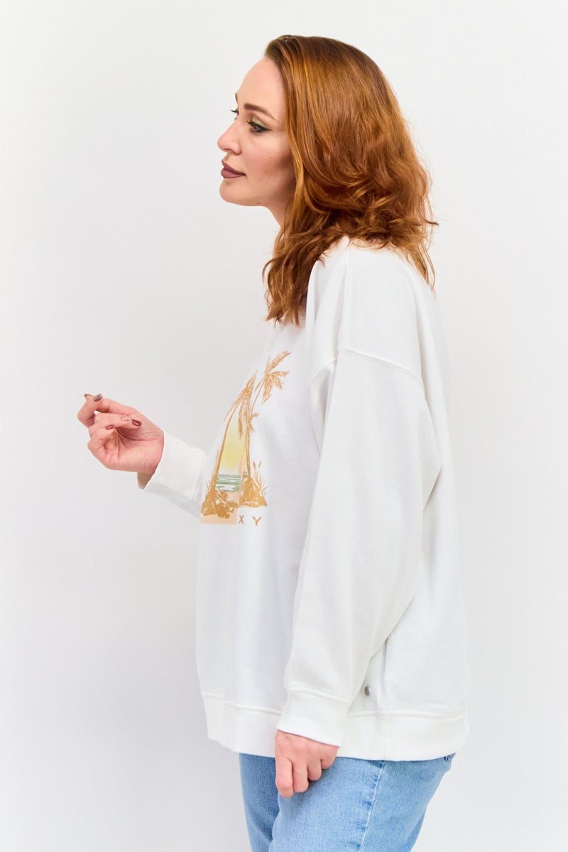 Roxy سويت شيرت جرافيك بكم طويل للنساء، أبيض فاتح - Image 3