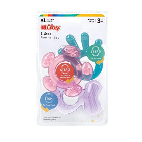 Nuby 3 Step Soothing Teether 3 Piece Set- Front, Middle, Back Teeth Teething- Pink/Purple, 3 m+ - Image 2