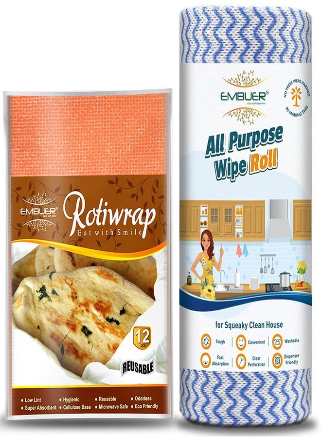 Embuer Reusable Roti Wrap - 12 Pcs (Orange) and Kitchen Cleaning Roll - 80 Pulls | Eco-Friendly, Reusable and washable Roti Wrap and Kitchen cleaning Rolls, Keep Food Fresh, Odourless, Hygienic - Image 1