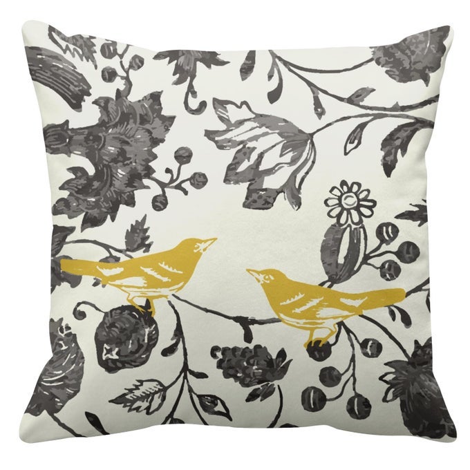 DECORATIVE THROW PILLOW COVER SQUARE SIZE 16X16 INCHES TRENDY YELLOW GRAY IVORY VINTAGE FLORAL BIRD LUMBAR PILLOWCASE WITH HIDDEN ZIPPER DECOR CUSHION GIFT FOR HOLIDAY SOFA BED