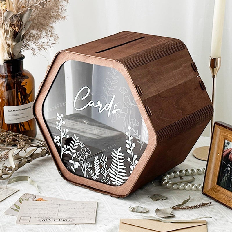 OurWarm Wedding Card Box for Party, Hexagon Brown Gift Card Box Envelope Money Box with Floral Print, Wooden Wedding Card Boxes for Reception Birthday Baby Shower Graduation Rustic Wedding Decor - Image 1