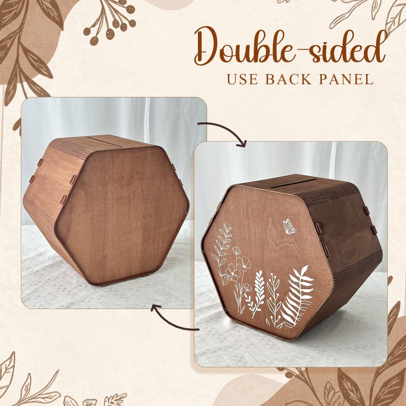 OurWarm Wedding Card Box for Party, Hexagon Brown Gift Card Box Envelope Money Box with Floral Print, Wooden Wedding Card Boxes for Reception Birthday Baby Shower Graduation Rustic Wedding Decor - Image 3