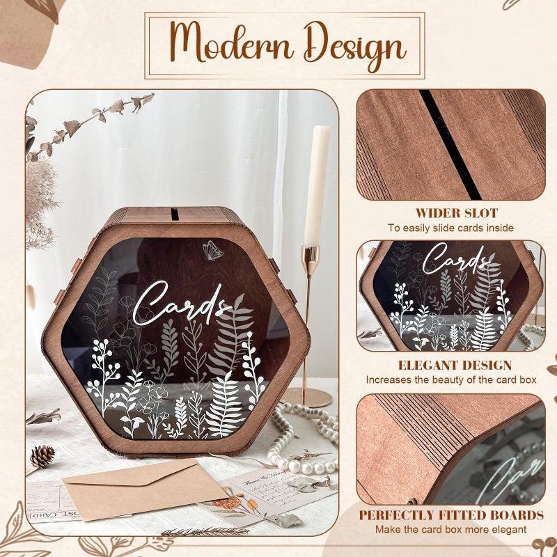 OurWarm Wedding Card Box for Party, Hexagon Brown Gift Card Box Envelope Money Box with Floral Print, Wooden Wedding Card Boxes for Reception Birthday Baby Shower Graduation Rustic Wedding Decor - Image 5