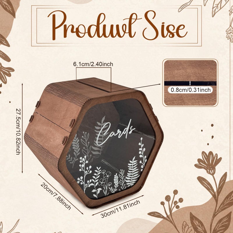 OurWarm Wedding Card Box for Party, Hexagon Brown Gift Card Box Envelope Money Box with Floral Print, Wooden Wedding Card Boxes for Reception Birthday Baby Shower Graduation Rustic Wedding Decor - Image 2