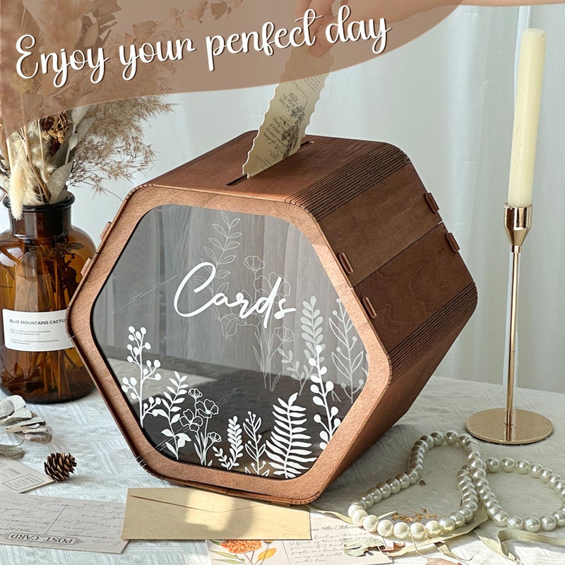 OurWarm Wedding Card Box for Party, Hexagon Brown Gift Card Box Envelope Money Box with Floral Print, Wooden Wedding Card Boxes for Reception Birthday Baby Shower Graduation Rustic Wedding Decor - Image 4