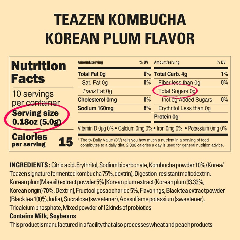 TEAZEN Korean Plum Kombucha Tea, Electrolyte Powder & Hydration Drink Mix, Sugar Free, Live Probiotics & Prebiotics, 10 Sticks, 1.76oz'. - Image 5