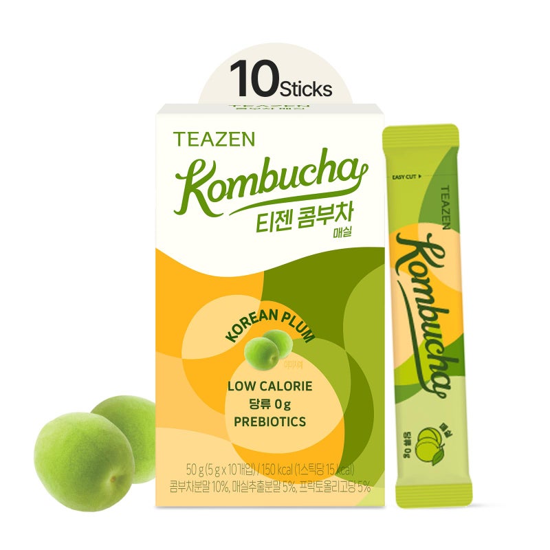 TEAZEN Korean Plum Kombucha Tea, Electrolyte Powder & Hydration Drink Mix, Sugar Free, Live Probiotics & Prebiotics, 10 Sticks, 1.76oz'. - Image 1