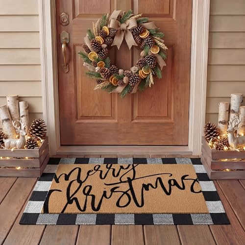 Tinideya 2 Pcs Door Mat Welcome Non Slip Coir Mats Floor Layering Doormats Seasonal for Front Porch Entryway DecorMerry Christmas - Image 1