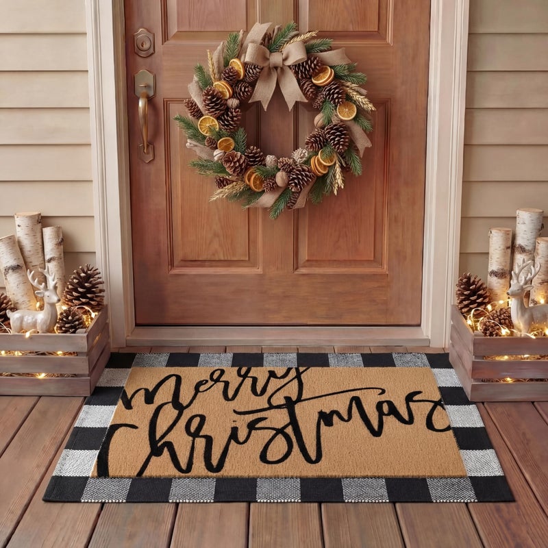 Tinideya 2 Pcs Door Mat Welcome Non Slip Coir Mats Floor Layering Doormats Seasonal for Front Porch Entryway DecorMerry Christmas - Image 2