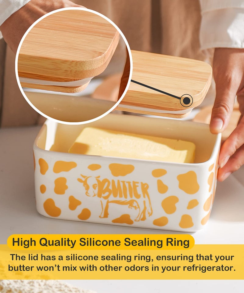 Lumicook Butter Dish with Lid, Farmhouse Cow Butter Dish, Covered Butter Holder, Two Sticks of Butter, Large Covered Tray with Bamboo Lid (Gold) - Image 3