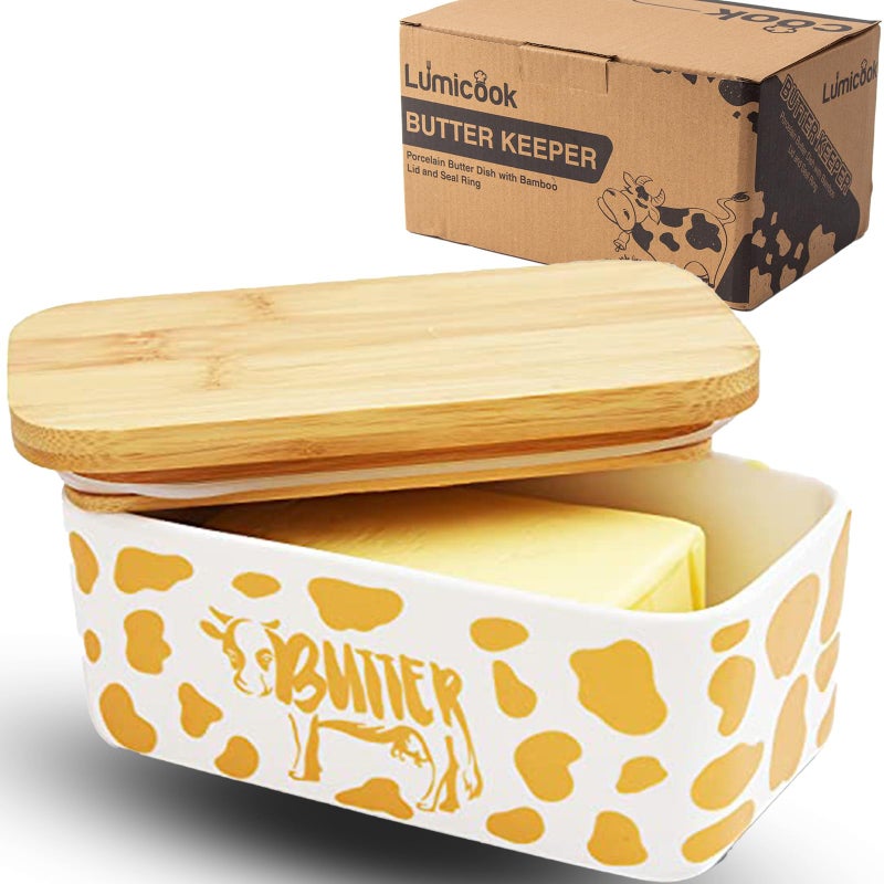 Lumicook Butter Dish with Lid, Farmhouse Cow Butter Dish, Covered Butter Holder, Two Sticks of Butter, Large Covered Tray with Bamboo Lid (Gold) - Image 1
