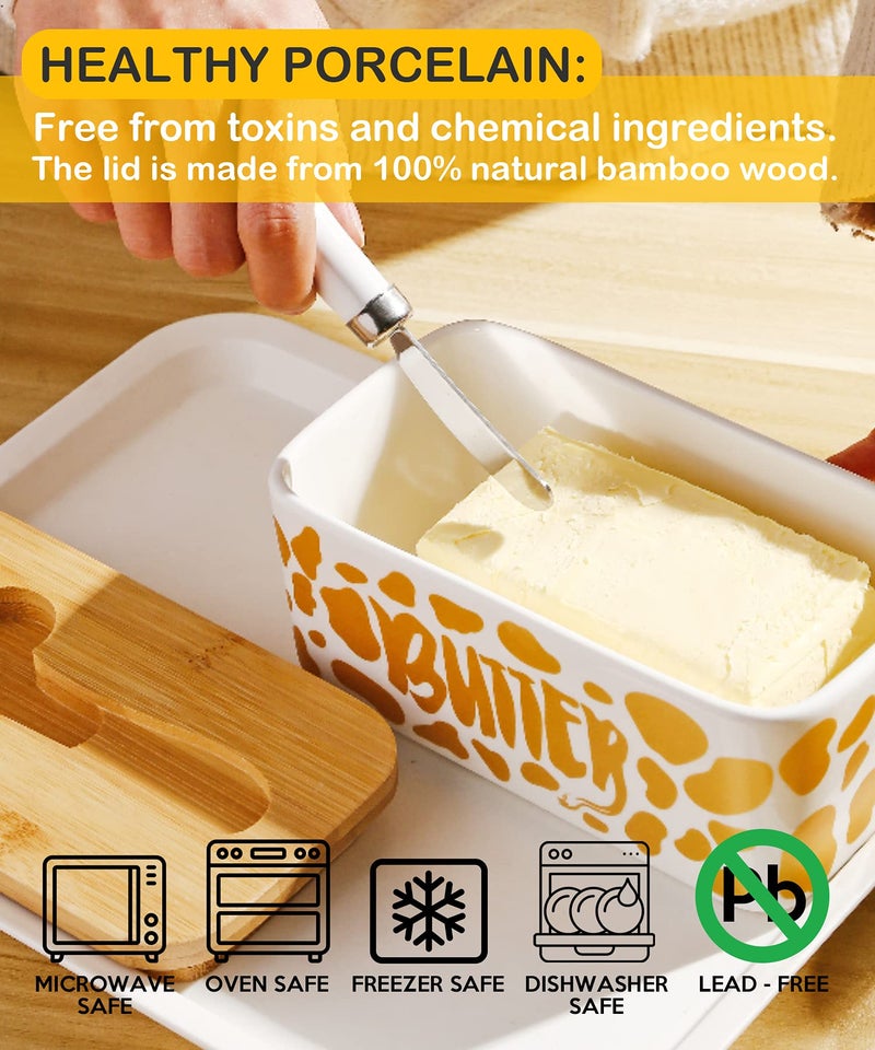 Lumicook Butter Dish with Lid, Farmhouse Cow Butter Dish, Covered Butter Holder, Two Sticks of Butter, Large Covered Tray with Bamboo Lid (Gold) - Image 5