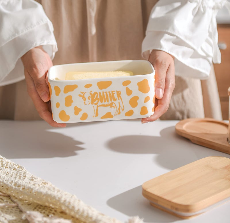 Lumicook Butter Dish with Lid, Farmhouse Cow Butter Dish, Covered Butter Holder, Two Sticks of Butter, Large Covered Tray with Bamboo Lid (Gold) - Image 4