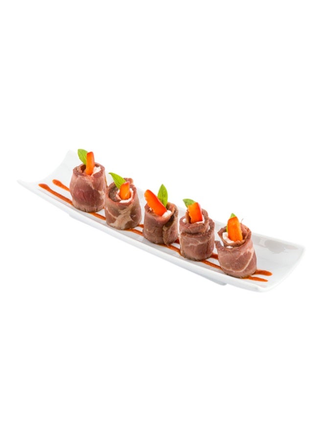 Restaurantware Shinto 10.3 Inch x 2.8 Inch Rectangular Serving Plate, 1 Rectangle Porcelain Tray - Curved, Stain Resistant, White Porcelain Long Sushi Plate, Chip Resistant, For Sushi Or Appetizers - Image 2