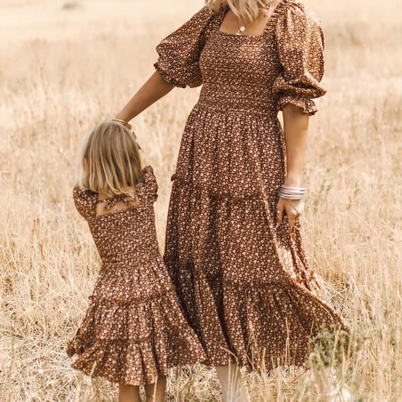 AWIBMK Mommy and Me Matching Dresses Floral Printed Ruffled Short Lantern Sleeves A-Line Long Dress Hidden Back Zipper Closure Summer Mom Daughter Matching Outfits Brown Floral X-Large - Image 2