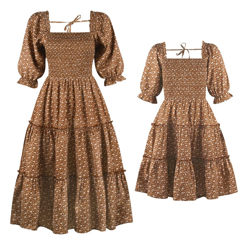AWIBMK Mommy and Me Matching Dresses Floral Printed Ruffled Short Lantern Sleeves A-Line Long Dress Hidden Back Zipper Closure Summer Mom Daughter Matching Outfits Brown Floral X-Large - Image 1