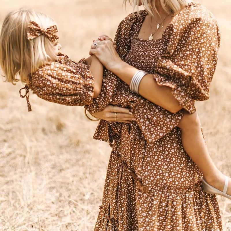 AWIBMK Mommy and Me Matching Dresses Floral Printed Ruffled Short Lantern Sleeves A-Line Long Dress Hidden Back Zipper Closure Summer Mom Daughter Matching Outfits Brown Floral X-Large - Image 4