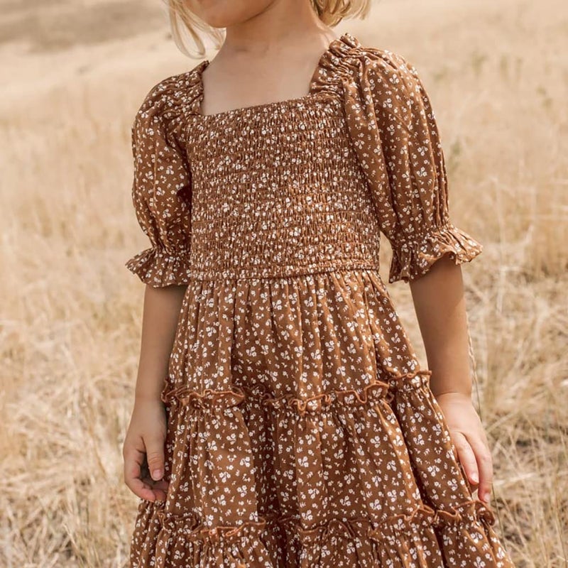 AWIBMK Mommy and Me Matching Dresses Floral Printed Ruffled Short Lantern Sleeves A-Line Long Dress Hidden Back Zipper Closure Summer Mom Daughter Matching Outfits Brown Floral X-Large - Image 5