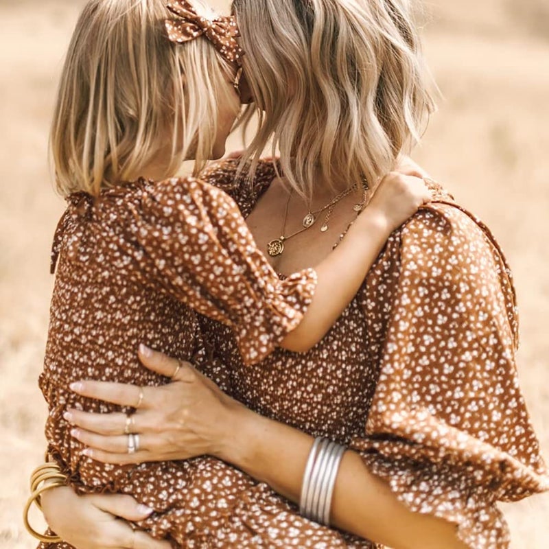 AWIBMK Mommy and Me Matching Dresses Floral Printed Ruffled Short Lantern Sleeves A-Line Long Dress Hidden Back Zipper Closure Summer Mom Daughter Matching Outfits Brown Floral X-Large - Image 3