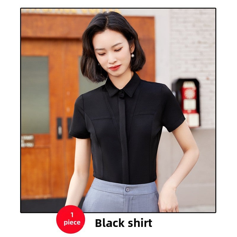 Summer New Slim-fit Short-sleeved Shirt Womens Business Wear White Shirt Workwear Office Clerk Workwear Womens Overalls Black  - Image 1
