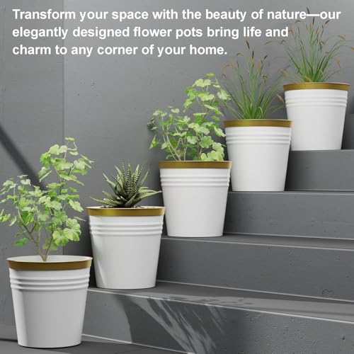 JD FRESH 5 Pack Bucket Patio Plastic Flower Pots with Drainage Hole/Lightweight/UV & Weather Resistant/7 Inch Planters for Indoor/Outdoor/Home/Balcony/Garden Plant Pots (White) - Image 5
