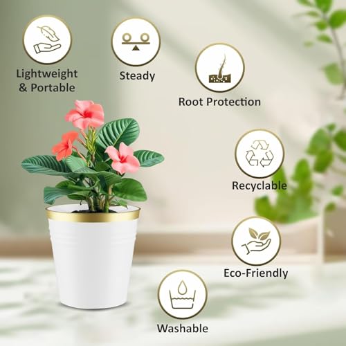JD FRESH 5 Pack Bucket Patio Plastic Flower Pots with Drainage Hole/Lightweight/UV & Weather Resistant/7 Inch Planters for Indoor/Outdoor/Home/Balcony/Garden Plant Pots (White) - Image 3