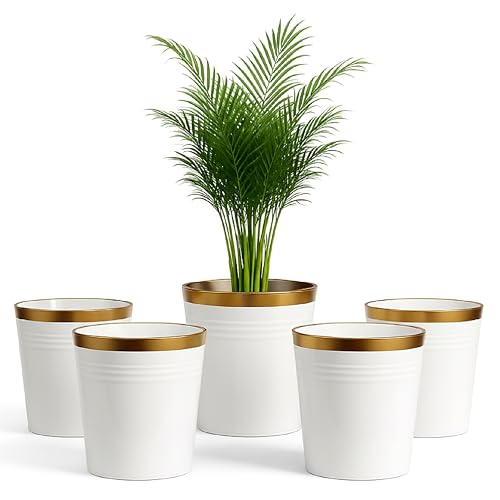 JD FRESH 5 Pack Bucket Patio Plastic Flower Pots with Drainage Hole/Lightweight/UV & Weather Resistant/7 Inch Planters for Indoor/Outdoor/Home/Balcony/Garden Plant Pots (White) - Image 1